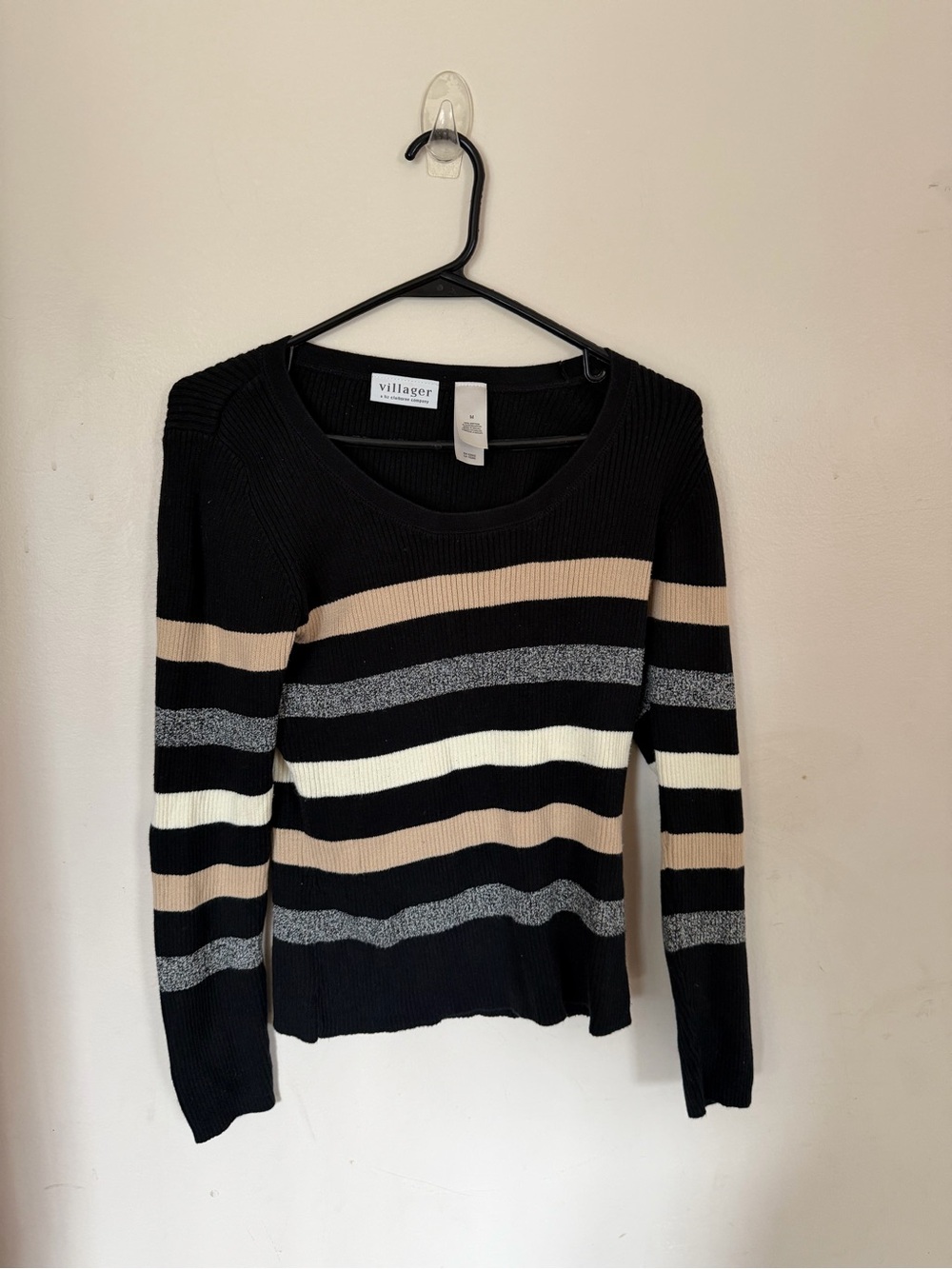 villager Black Crewneck Sweater with Cream, Beige & Gray Stripes
